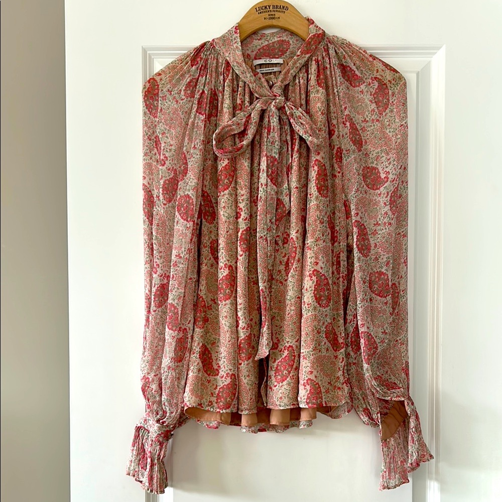 CO Italian Silk Print Paisley Floral Print Blouse Bishop Sleeve w Lacy Cuffs Med